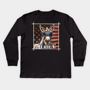 Funny Patriotic Donkey MERICA! Happy Birthday America! Kids Long Sleeve T-Shirt